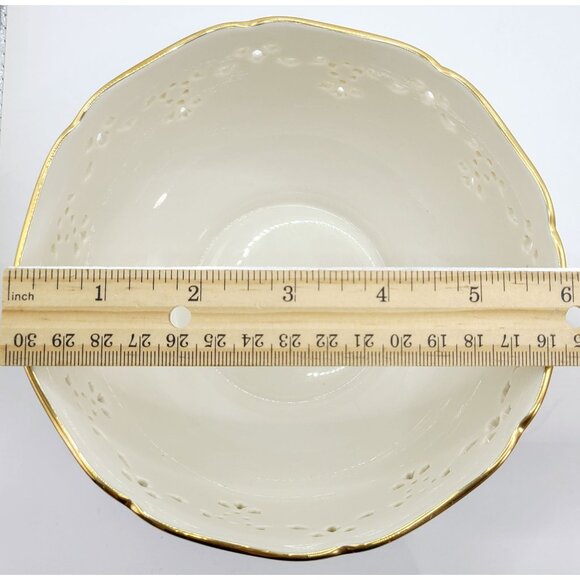 Lenox Holiday Holly Berry Ivory Porcelain Pierced Bowl w/ Gold Trim Made in USA - Picture 8 of 8